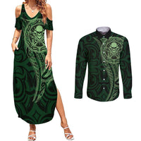 New Zealand Skull Darts Couples Matching Summer Maxi Dress and Long Sleeve Button Shirt Aotearoa Maori Chest Tattoo Stylized Green LT14 Green - Polynesian Pride