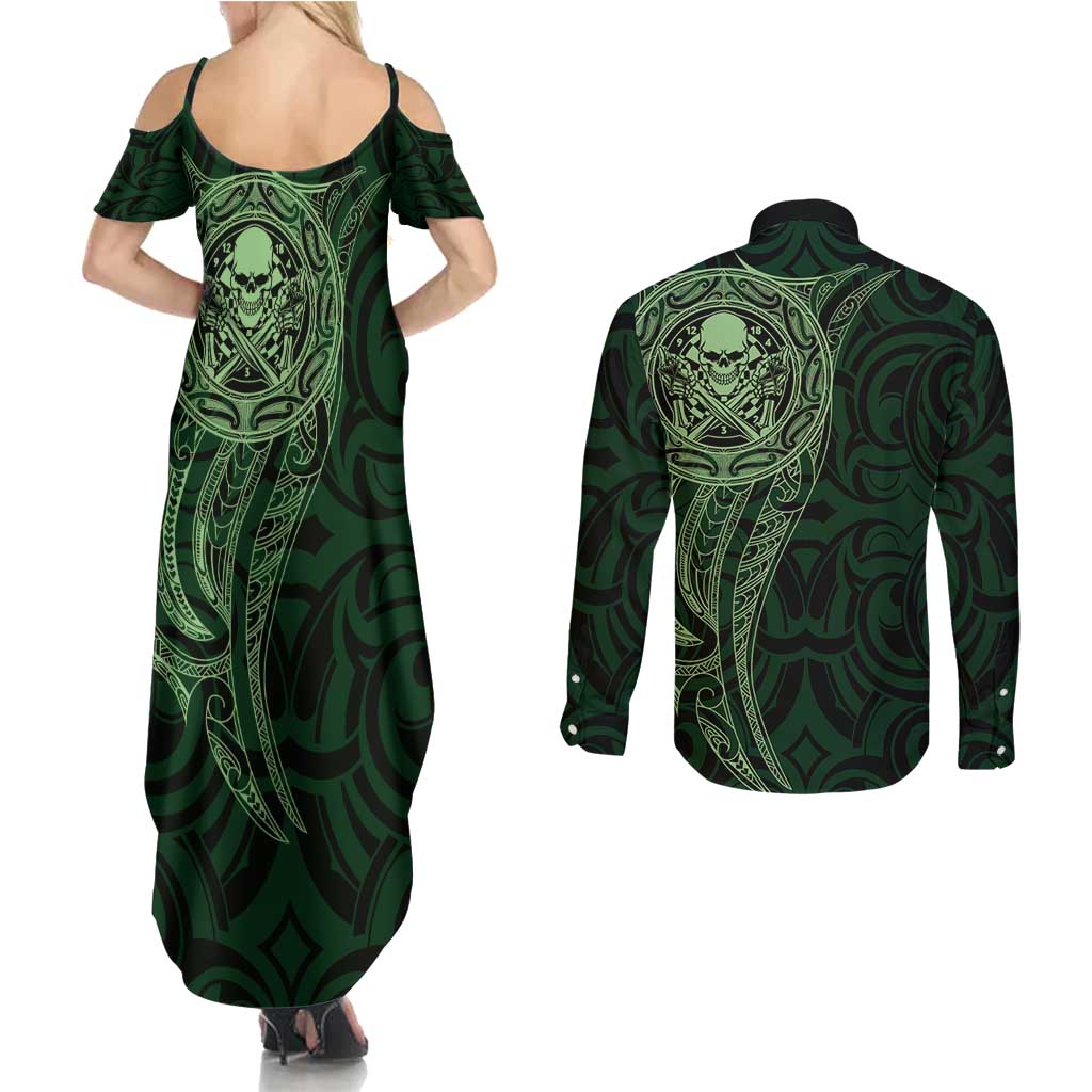 New Zealand Skull Darts Couples Matching Summer Maxi Dress and Long Sleeve Button Shirt Aotearoa Maori Chest Tattoo Stylized Green LT14 - Polynesian Pride