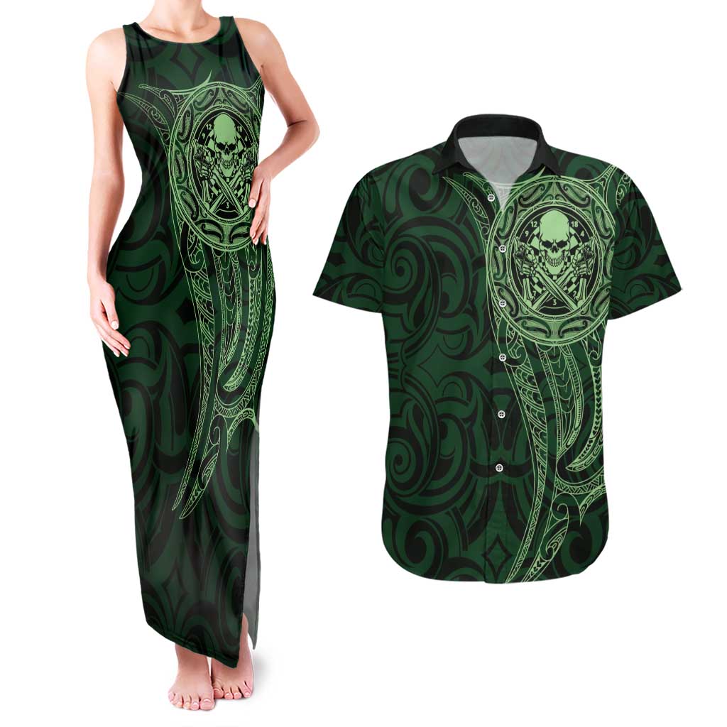 New Zealand Skull Darts Couples Matching Tank Maxi Dress and Hawaiian Shirt Aotearoa Maori Chest Tattoo Stylized Green LT14 Green - Polynesian Pride