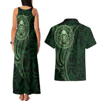 New Zealand Skull Darts Couples Matching Tank Maxi Dress and Hawaiian Shirt Aotearoa Maori Chest Tattoo Stylized Green LT14 - Polynesian Pride