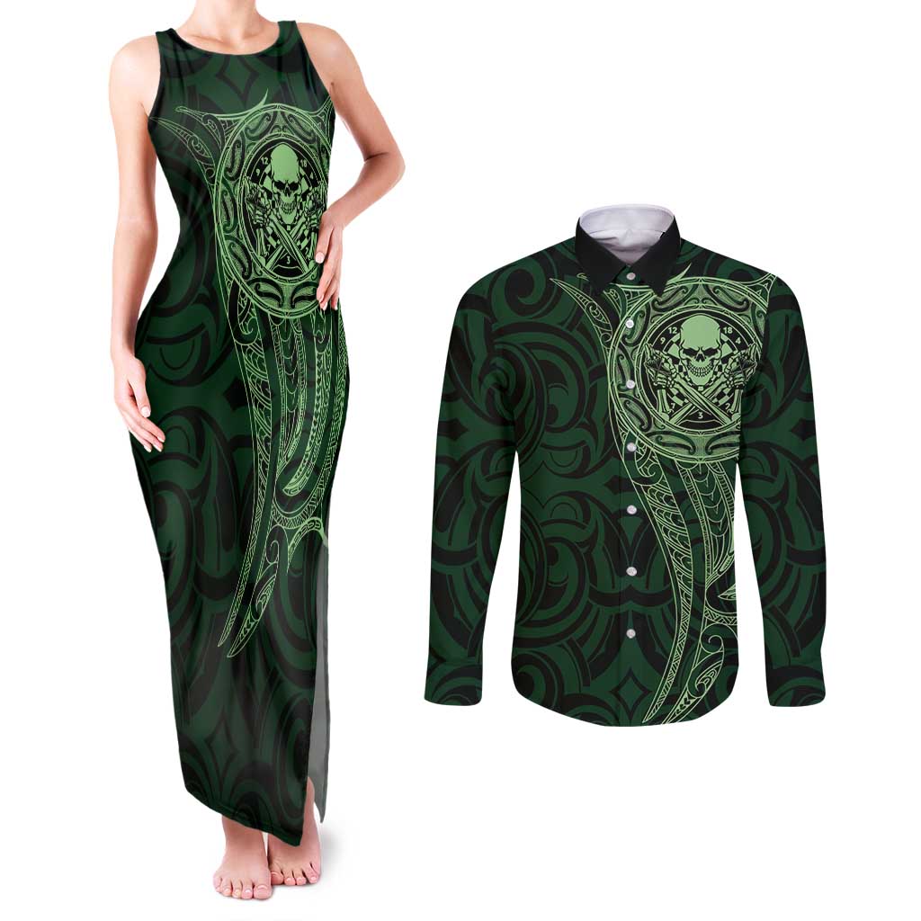 New Zealand Skull Darts Couples Matching Tank Maxi Dress and Long Sleeve Button Shirt Aotearoa Maori Chest Tattoo Stylized Green LT14 Green - Polynesian Pride