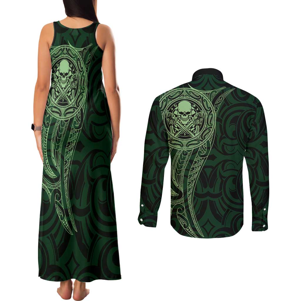 New Zealand Skull Darts Couples Matching Tank Maxi Dress and Long Sleeve Button Shirt Aotearoa Maori Chest Tattoo Stylized Green LT14 - Polynesian Pride