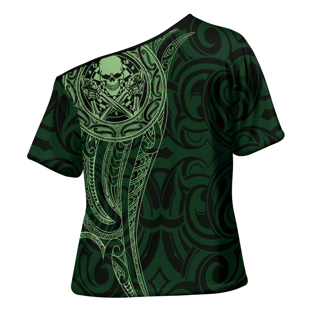 New Zealand Skull Darts Cross Shoulder Shirt Aotearoa Maori Chest Tattoo Stylized Green LT14 - Polynesian Pride