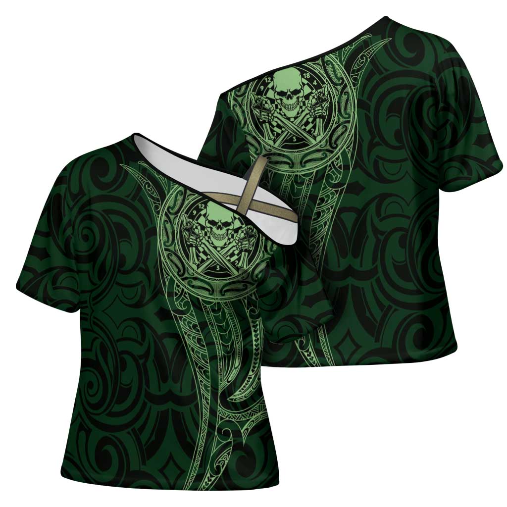 New Zealand Skull Darts Cross Shoulder Shirt Aotearoa Maori Chest Tattoo Stylized Green LT14 - Polynesian Pride