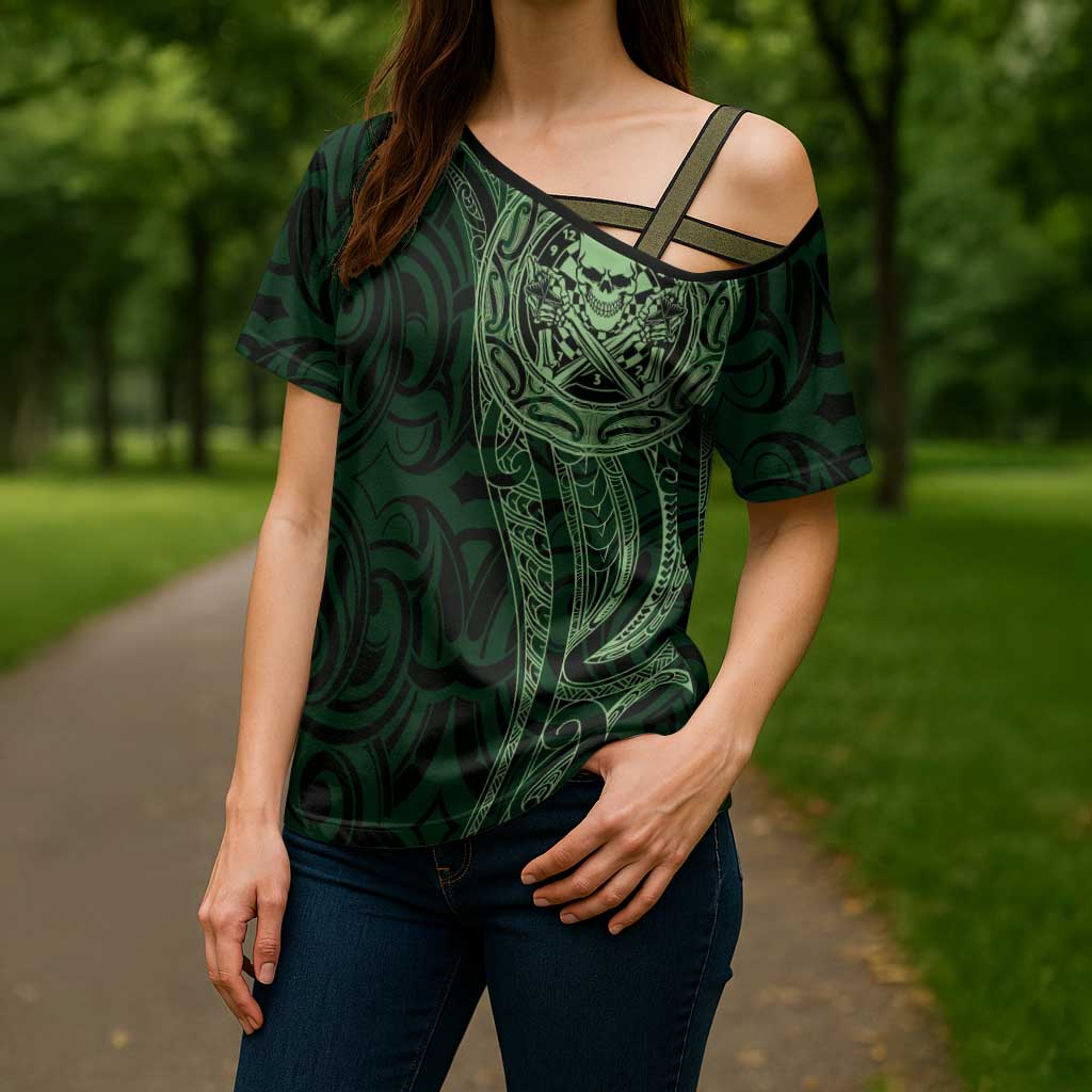 New Zealand Skull Darts Cross Shoulder Shirt Aotearoa Maori Chest Tattoo Stylized Green LT14 - Polynesian Pride