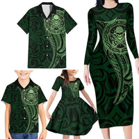 New Zealand Skull Darts Family Matching Long Sleeve Bodycon Dress and Hawaiian Shirt Aotearoa Maori Chest Tattoo Stylized Green LT14 - Polynesian Pride