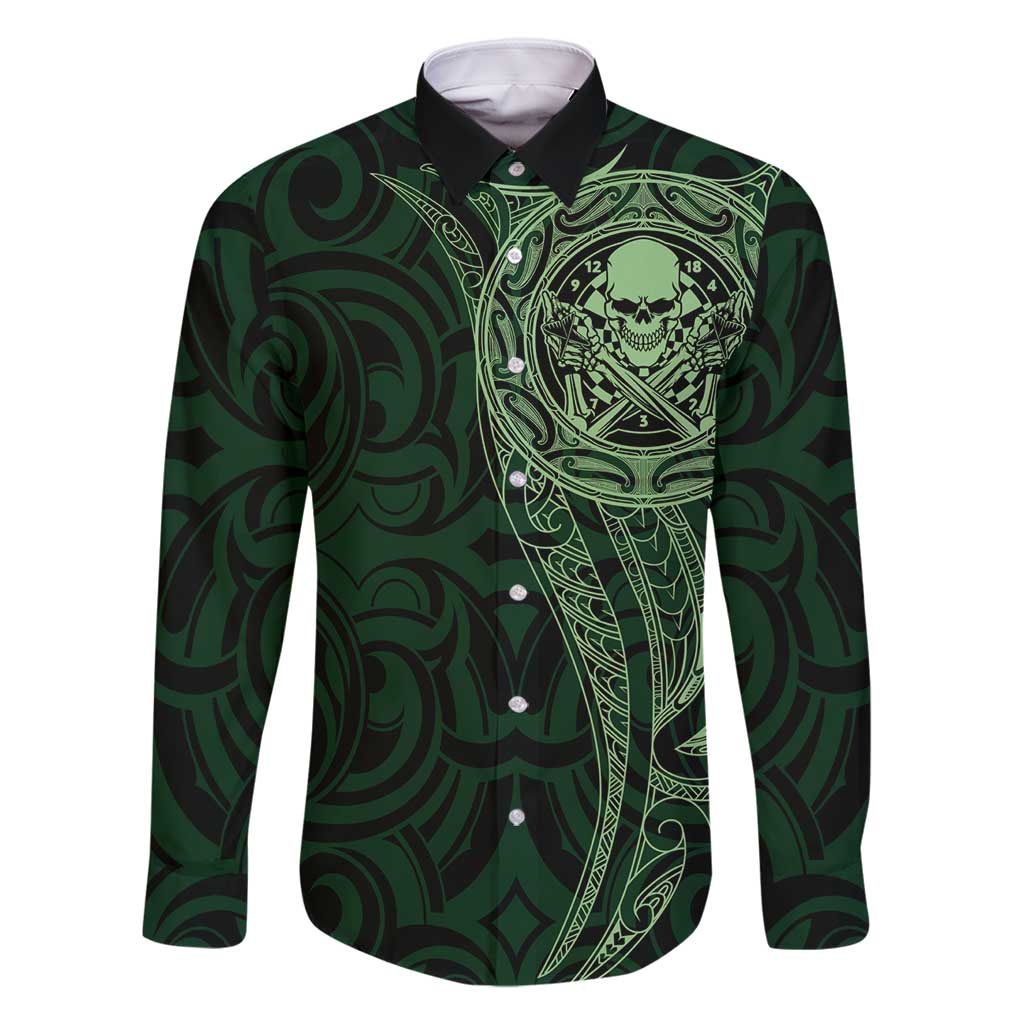 New Zealand Skull Darts Family Matching Long Sleeve Bodycon Dress and Hawaiian Shirt Aotearoa Maori Chest Tattoo Stylized Green LT14 Dad's Shirt - Long Sleeve Green - Polynesian Pride