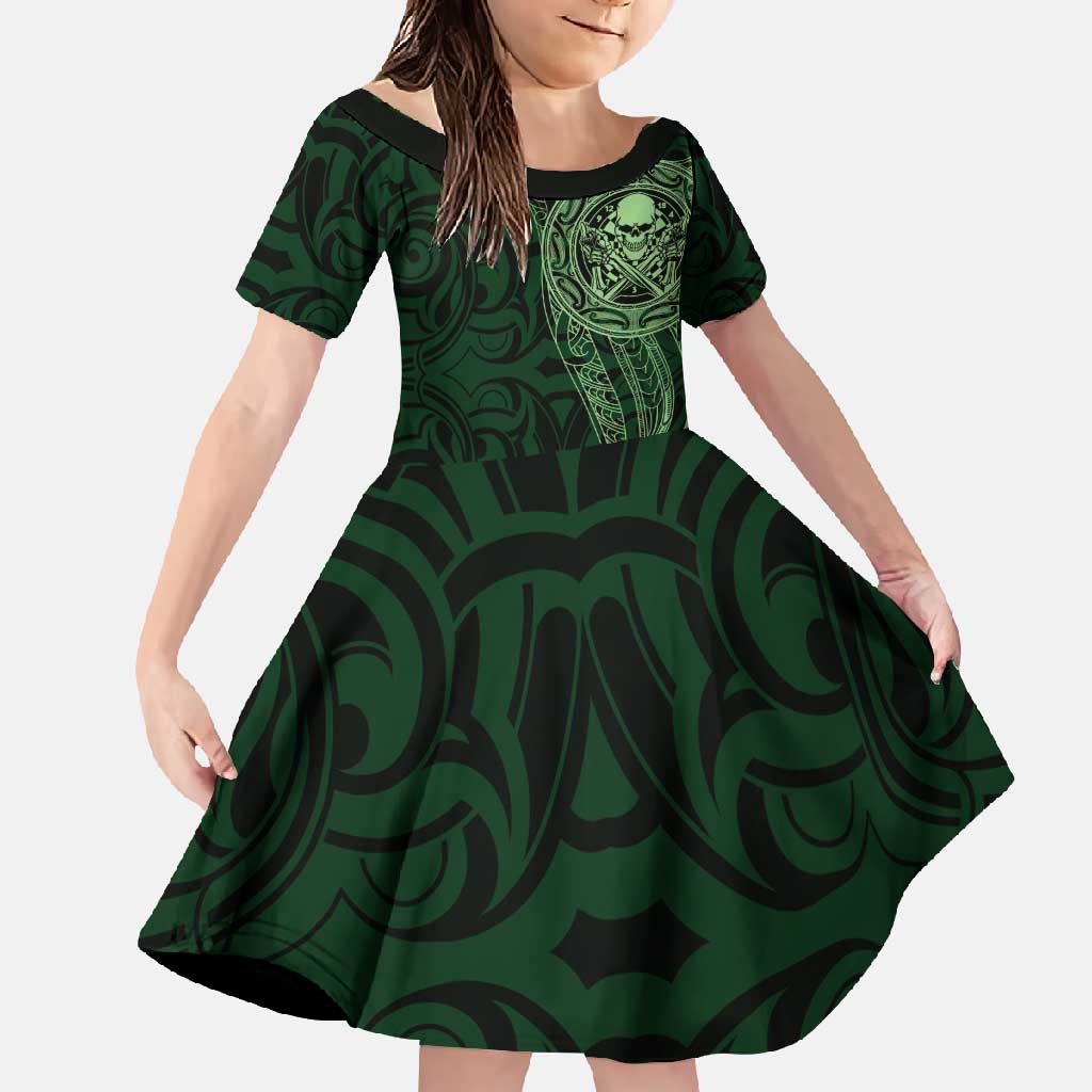 New Zealand Skull Darts Family Matching Mermaid Dress and Hawaiian Shirt Aotearoa Maori Chest Tattoo Stylized Green LT14 Daughter's Dress Green - Polynesian Pride