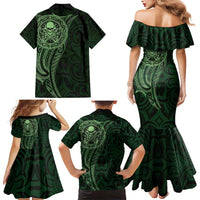 New Zealand Skull Darts Family Matching Mermaid Dress and Hawaiian Shirt Aotearoa Maori Chest Tattoo Stylized Green LT14 - Polynesian Pride