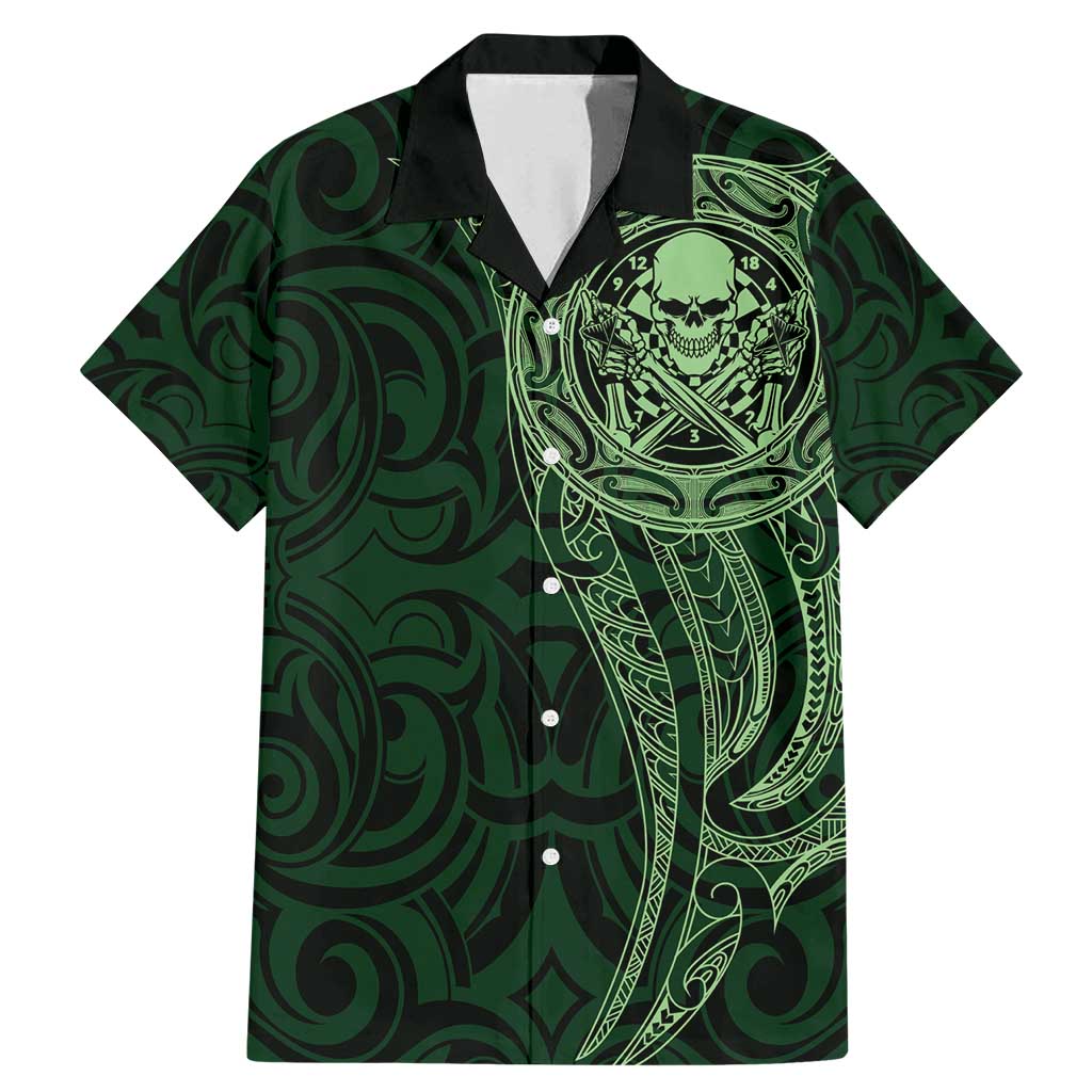 New Zealand Skull Darts Family Matching Mermaid Dress and Hawaiian Shirt Aotearoa Maori Chest Tattoo Stylized Green LT14 Dad's Shirt - Short Sleeve Green - Polynesian Pride