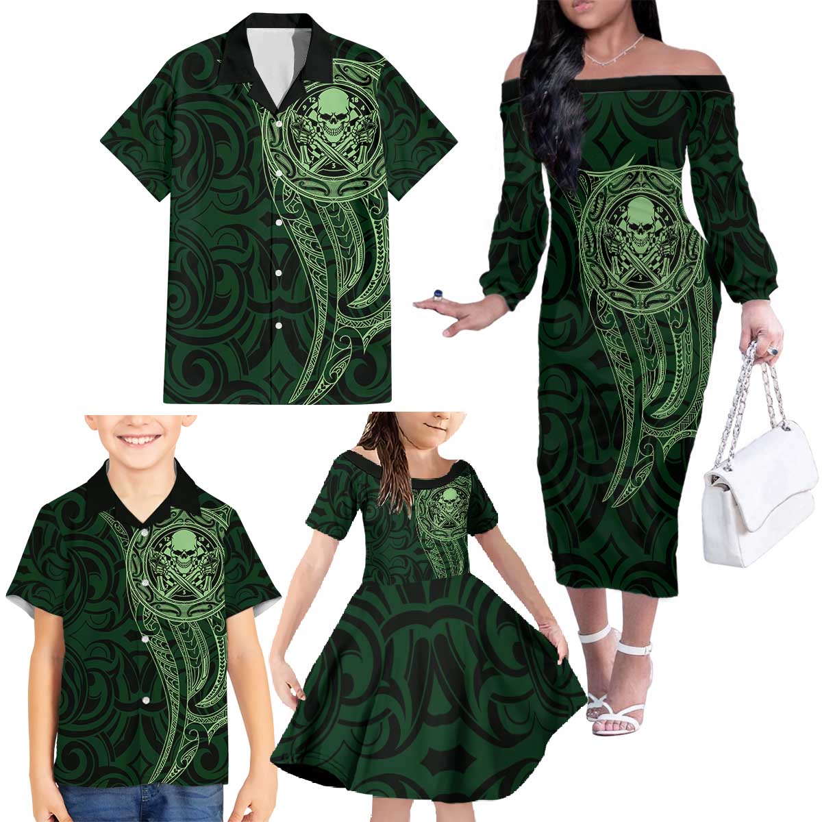 New Zealand Skull Darts Family Matching Off The Shoulder Long Sleeve Dress and Hawaiian Shirt Aotearoa Maori Chest Tattoo Stylized Green LT14 - Polynesian Pride