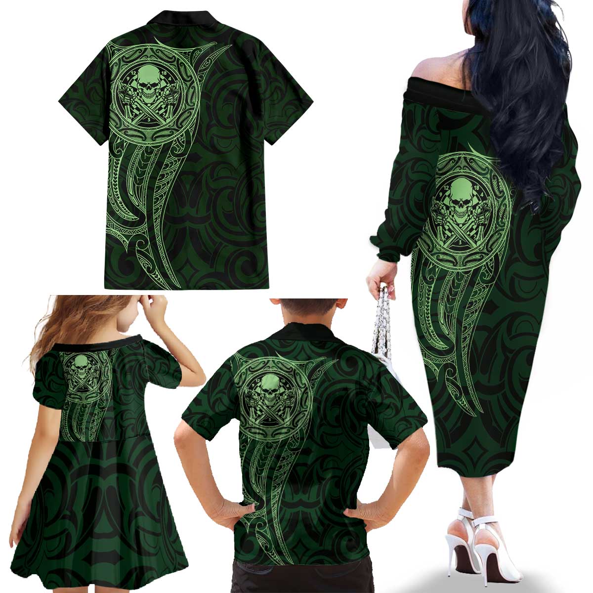 New Zealand Skull Darts Family Matching Off The Shoulder Long Sleeve Dress and Hawaiian Shirt Aotearoa Maori Chest Tattoo Stylized Green LT14 - Polynesian Pride
