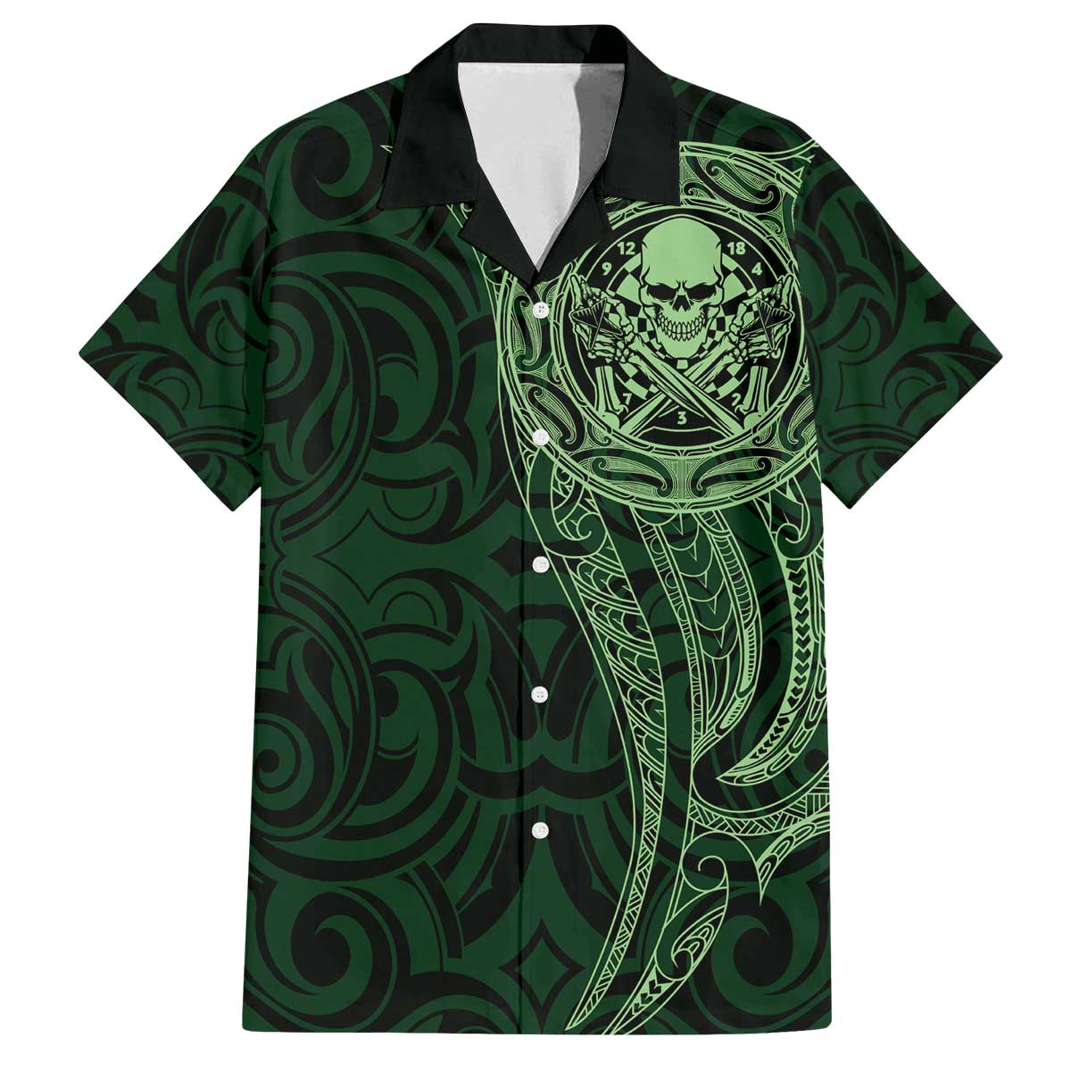 New Zealand Skull Darts Family Matching Off The Shoulder Long Sleeve Dress and Hawaiian Shirt Aotearoa Maori Chest Tattoo Stylized Green LT14 Dad's Shirt - Short Sleeve Green - Polynesian Pride