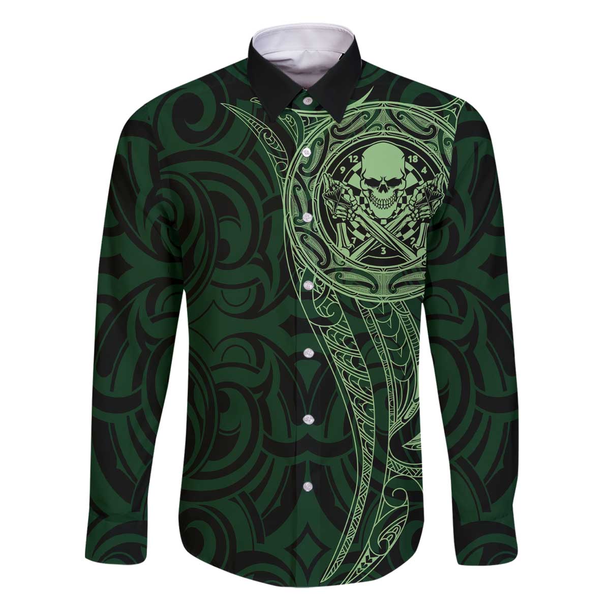 New Zealand Skull Darts Family Matching Off The Shoulder Long Sleeve Dress and Hawaiian Shirt Aotearoa Maori Chest Tattoo Stylized Green LT14 Dad's Shirt - Long Sleeve Green - Polynesian Pride