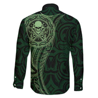 New Zealand Skull Darts Family Matching Off The Shoulder Long Sleeve Dress and Hawaiian Shirt Aotearoa Maori Chest Tattoo Stylized Green LT14 - Polynesian Pride