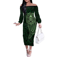 New Zealand Skull Darts Family Matching Off The Shoulder Long Sleeve Dress and Hawaiian Shirt Aotearoa Maori Chest Tattoo Stylized Green LT14 Mom's Dress Green - Polynesian Pride