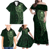 New Zealand Skull Darts Family Matching Off Shoulder Maxi Dress and Hawaiian Shirt Aotearoa Maori Chest Tattoo Stylized Green LT14 - Polynesian Pride