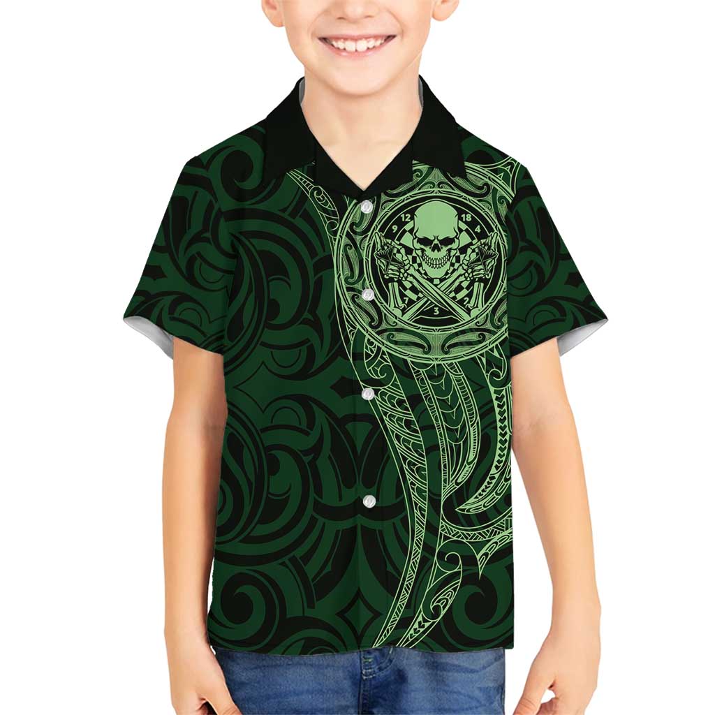 New Zealand Skull Darts Family Matching Off Shoulder Maxi Dress and Hawaiian Shirt Aotearoa Maori Chest Tattoo Stylized Green LT14 Son's Shirt Green - Polynesian Pride