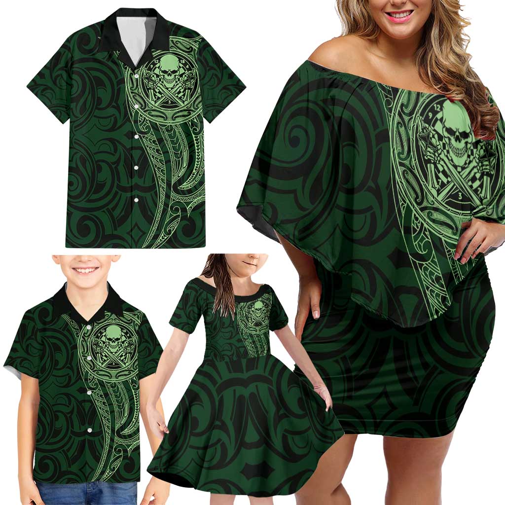 New Zealand Skull Darts Family Matching Off Shoulder Short Dress and Hawaiian Shirt Aotearoa Maori Chest Tattoo Stylized Green LT14 - Polynesian Pride