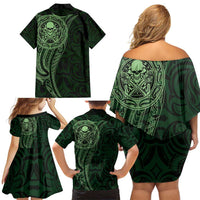 New Zealand Skull Darts Family Matching Off Shoulder Short Dress and Hawaiian Shirt Aotearoa Maori Chest Tattoo Stylized Green LT14 - Polynesian Pride