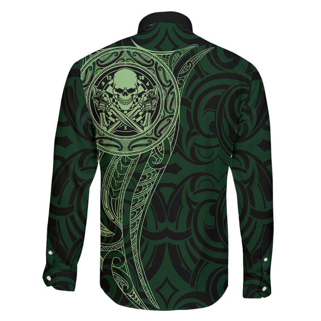 New Zealand Skull Darts Family Matching Off Shoulder Short Dress and Hawaiian Shirt Aotearoa Maori Chest Tattoo Stylized Green LT14 - Polynesian Pride