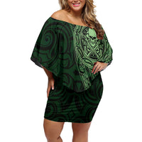 New Zealand Skull Darts Family Matching Off Shoulder Short Dress and Hawaiian Shirt Aotearoa Maori Chest Tattoo Stylized Green LT14 Mom's Dress Green - Polynesian Pride