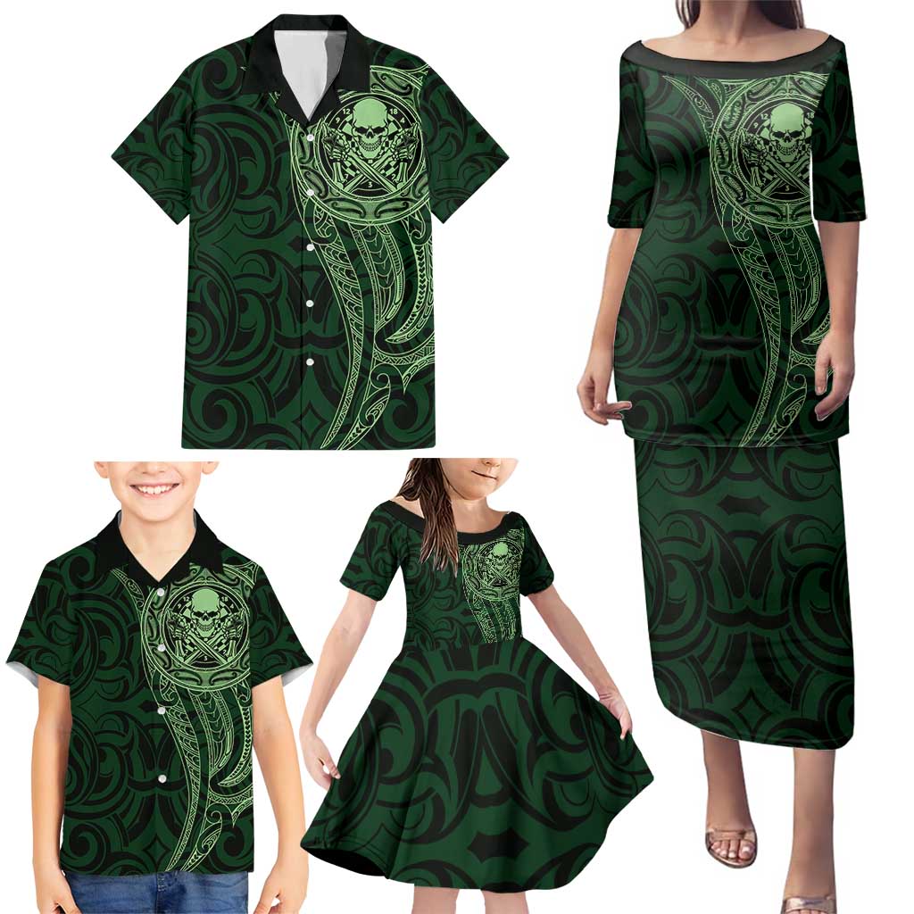 New Zealand Skull Darts Family Matching Puletasi and Hawaiian Shirt Aotearoa Maori Chest Tattoo Stylized Green LT14 - Polynesian Pride