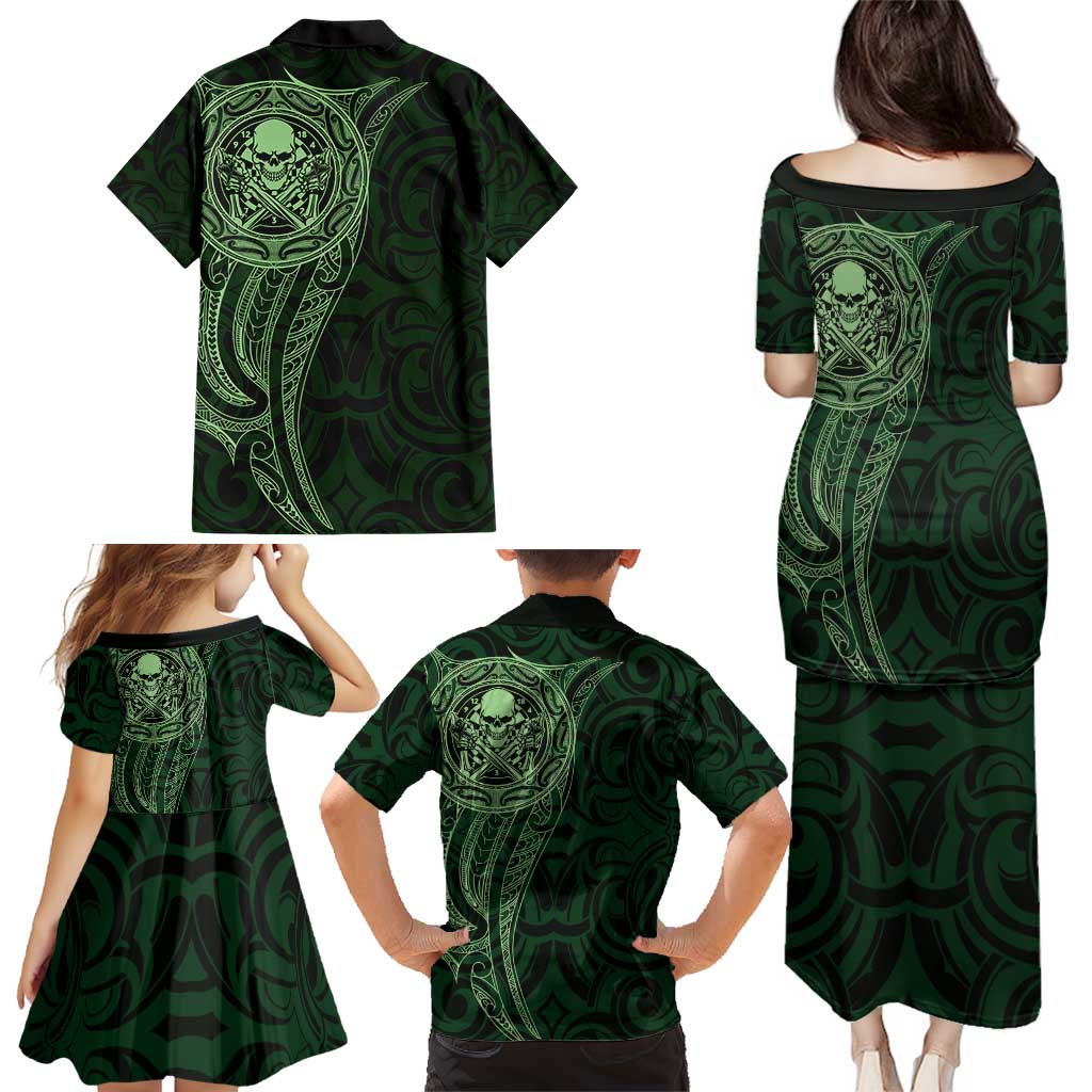 New Zealand Skull Darts Family Matching Puletasi and Hawaiian Shirt Aotearoa Maori Chest Tattoo Stylized Green LT14 - Polynesian Pride
