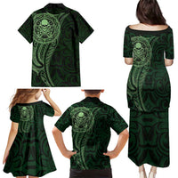 New Zealand Skull Darts Family Matching Puletasi and Hawaiian Shirt Aotearoa Maori Chest Tattoo Stylized Green LT14 - Polynesian Pride
