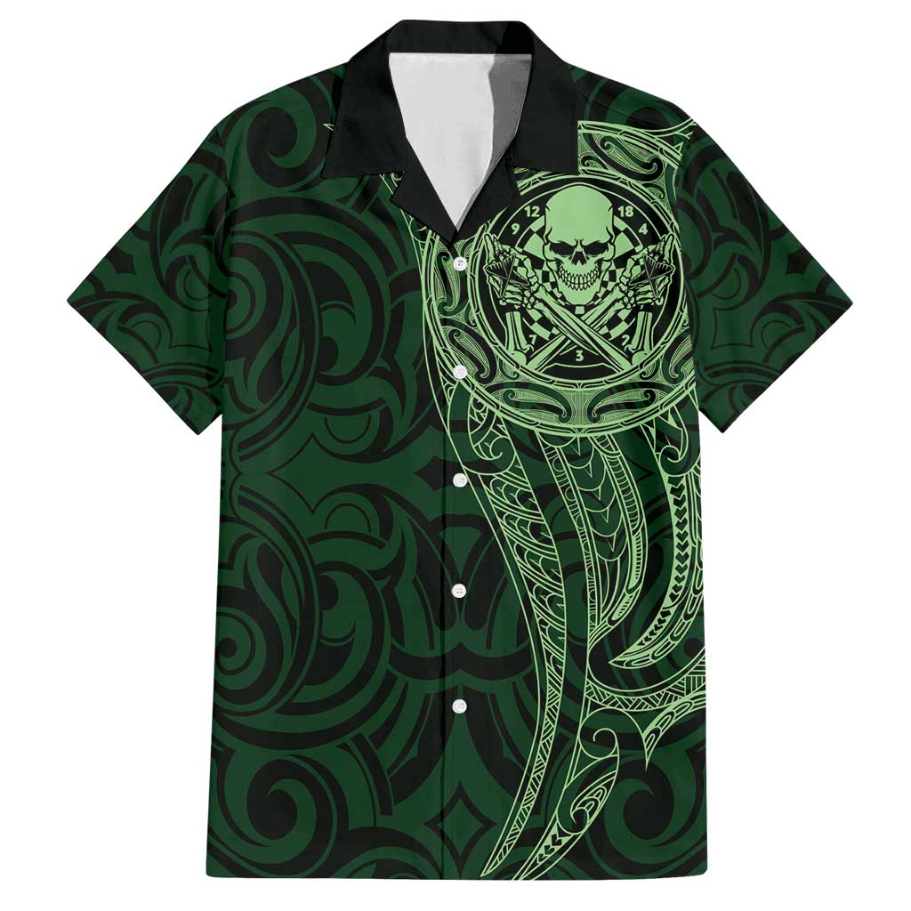 New Zealand Skull Darts Family Matching Puletasi and Hawaiian Shirt Aotearoa Maori Chest Tattoo Stylized Green LT14 Dad's Shirt - Short Sleeve Green - Polynesian Pride