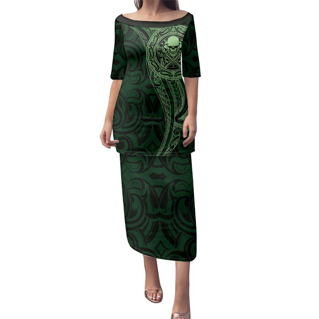 New Zealand Skull Darts Family Matching Puletasi and Hawaiian Shirt Aotearoa Maori Chest Tattoo Stylized Green LT14 Mom's Dress Green - Polynesian Pride