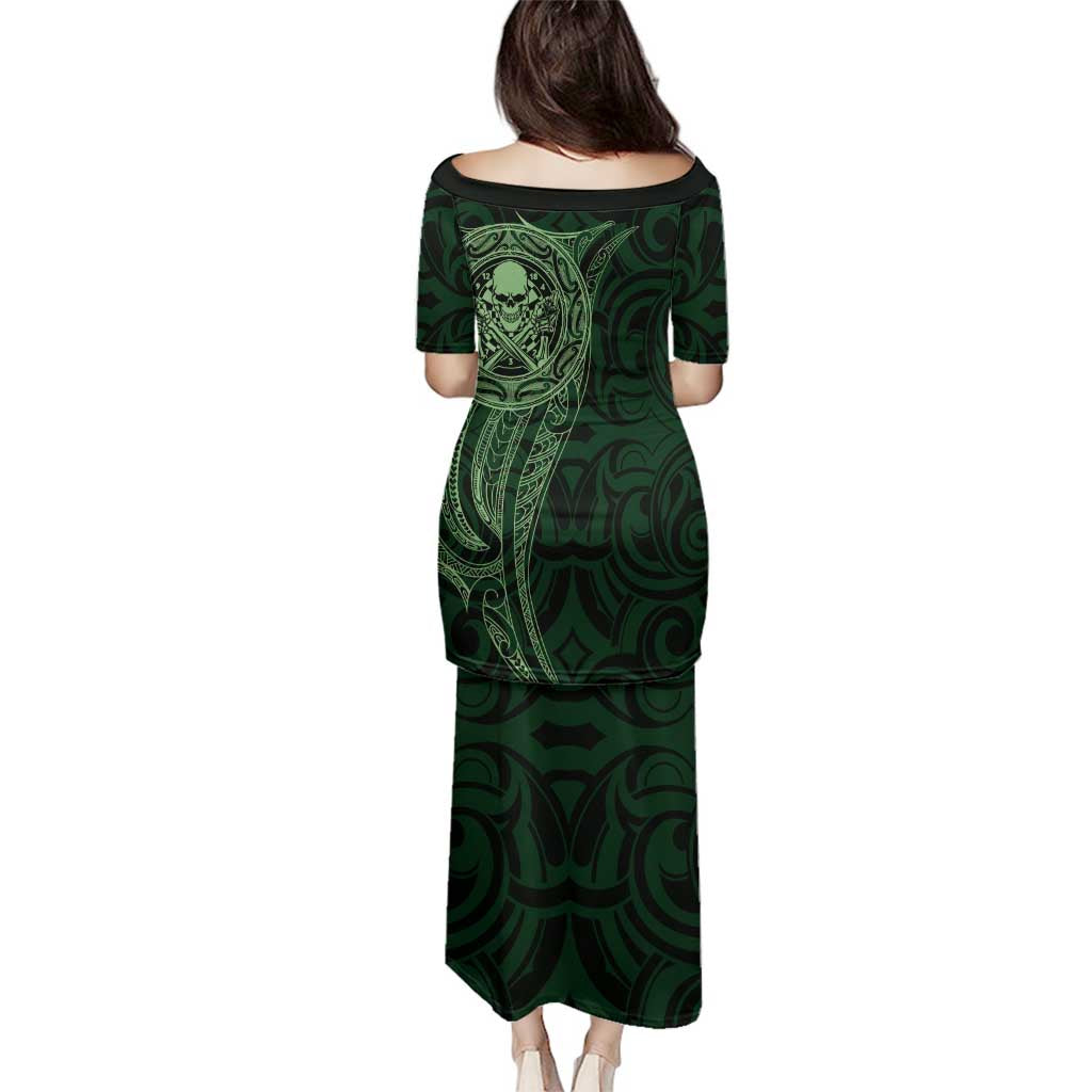 New Zealand Skull Darts Family Matching Puletasi and Hawaiian Shirt Aotearoa Maori Chest Tattoo Stylized Green LT14 - Polynesian Pride