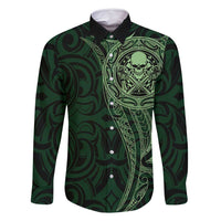 New Zealand Skull Darts Family Matching Summer Maxi Dress and Hawaiian Shirt Aotearoa Maori Chest Tattoo Stylized Green LT14 Dad's Shirt - Long Sleeve Green - Polynesian Pride