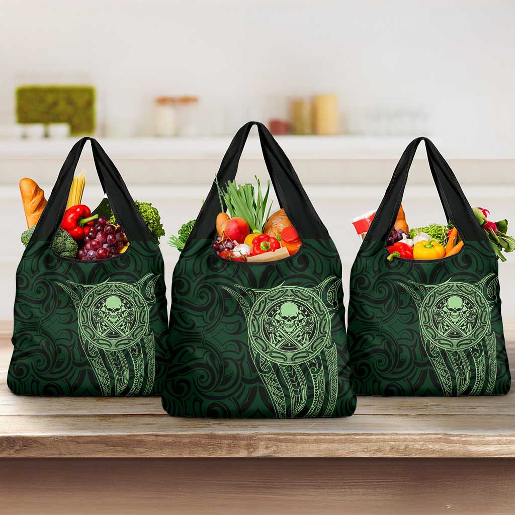 New Zealand Skull Darts Grocery Bag Aotearoa Maori Chest Tattoo Stylized Green LT14 3-pack One Size Green - Polynesian Pride