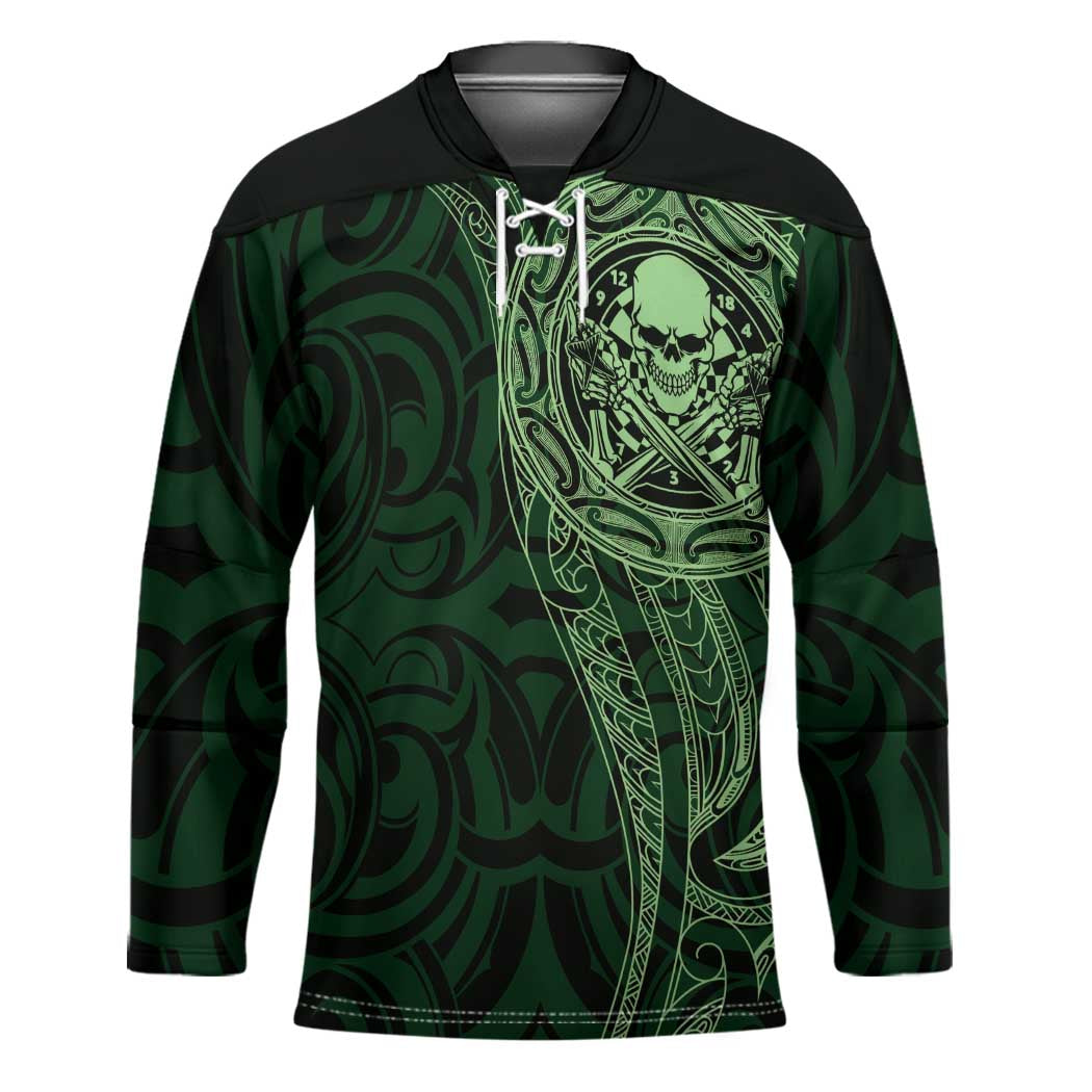 New Zealand Skull Darts Hockey Jersey Aotearoa Maori Chest Tattoo Stylized Green LT14 Unisex Green - Polynesian Pride