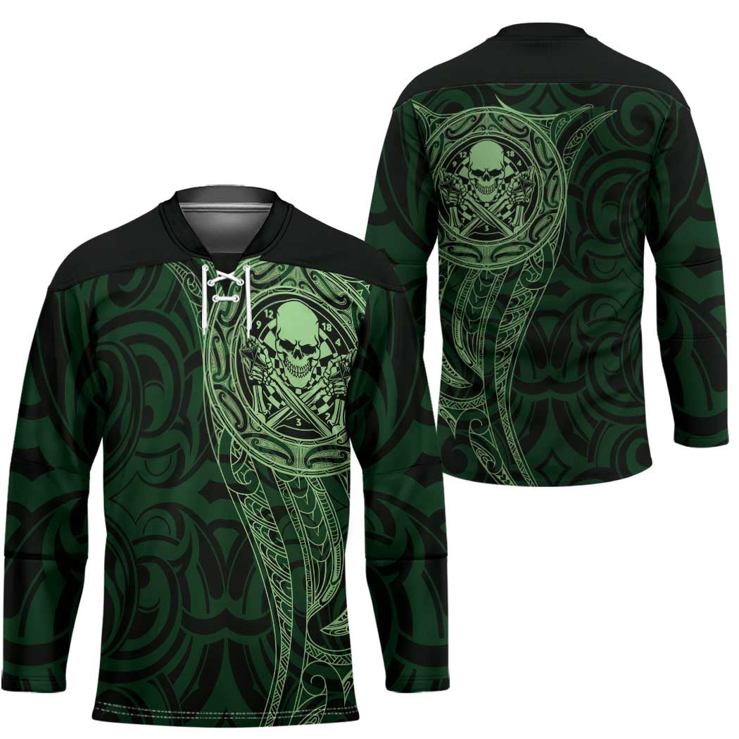 New Zealand Skull Darts Hockey Jersey Aotearoa Maori Chest Tattoo Stylized Green LT14 - Polynesian Pride