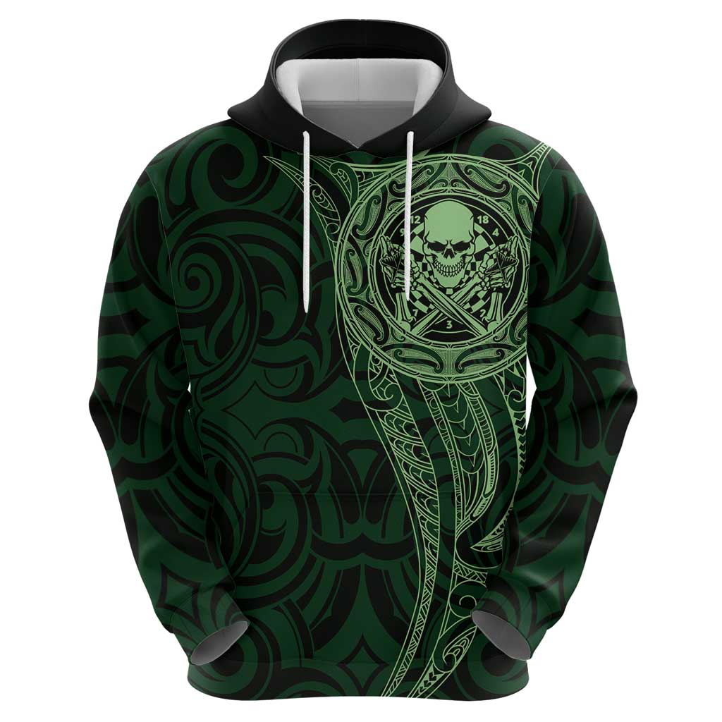 New Zealand Skull Darts Hoodie Aotearoa Maori Chest Tattoo Stylized Green - Polynesian Pride