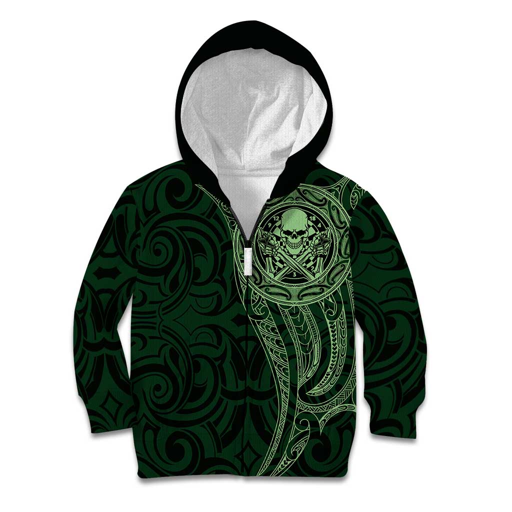 New Zealand Skull Darts Kid Hoodie Aotearoa Maori Chest Tattoo Stylized Green LT14 Zip Hoodie Green - Polynesian Pride