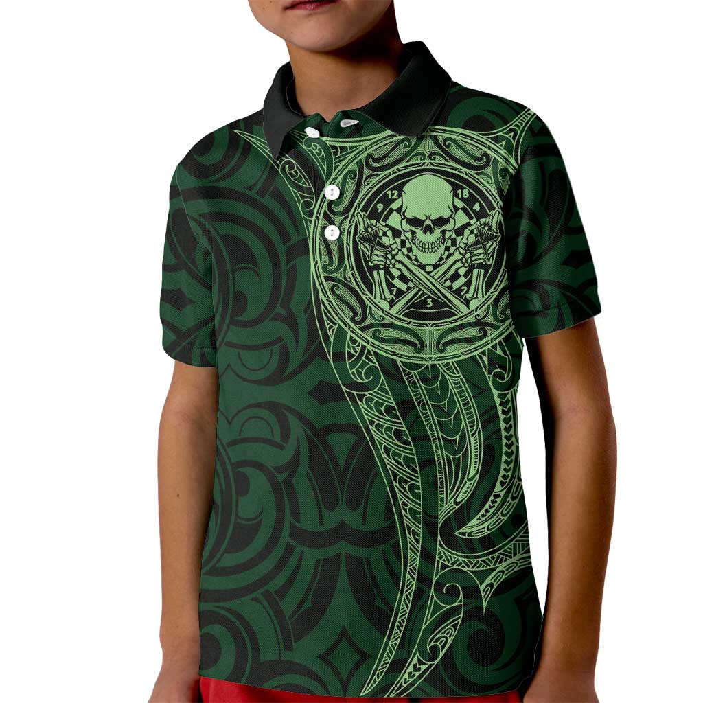 New Zealand Skull Darts Kid Polo Shirt Aotearoa Maori Chest Tattoo Stylized Green LT14 Kid Green - Polynesian Pride