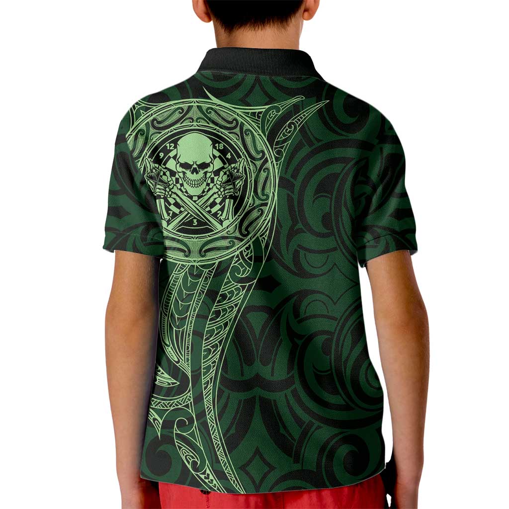 New Zealand Skull Darts Kid Polo Shirt Aotearoa Maori Chest Tattoo Stylized Green LT14 - Polynesian Pride