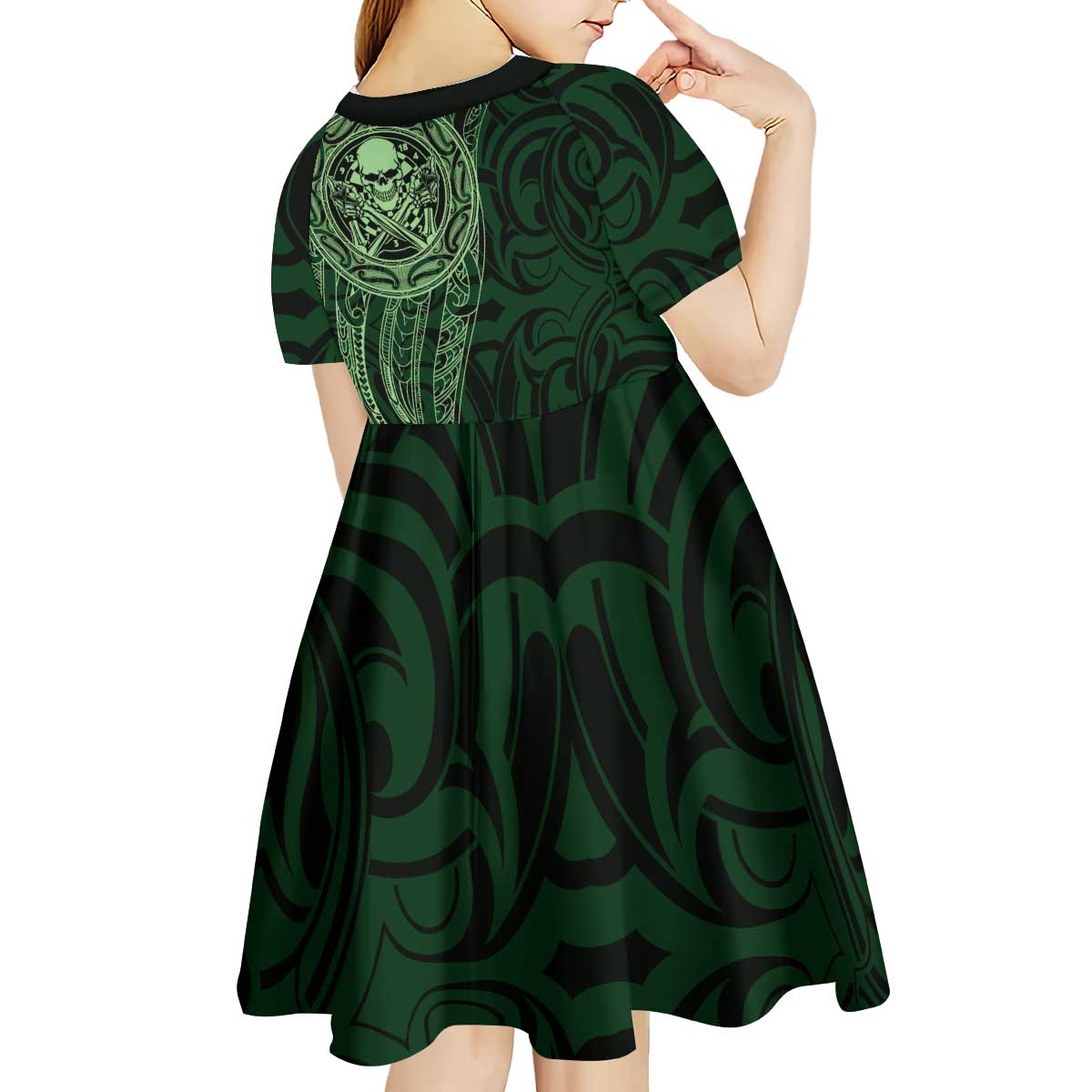 New Zealand Skull Darts Kid Short Sleeve Dress Aotearoa Maori Chest Tattoo Stylized Green LT14 - Polynesian Pride
