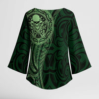 New Zealand Skull Darts Kimono Sleeve Blouse Aotearoa Maori Chest Tattoo Stylized Green LT14 - Polynesian Pride