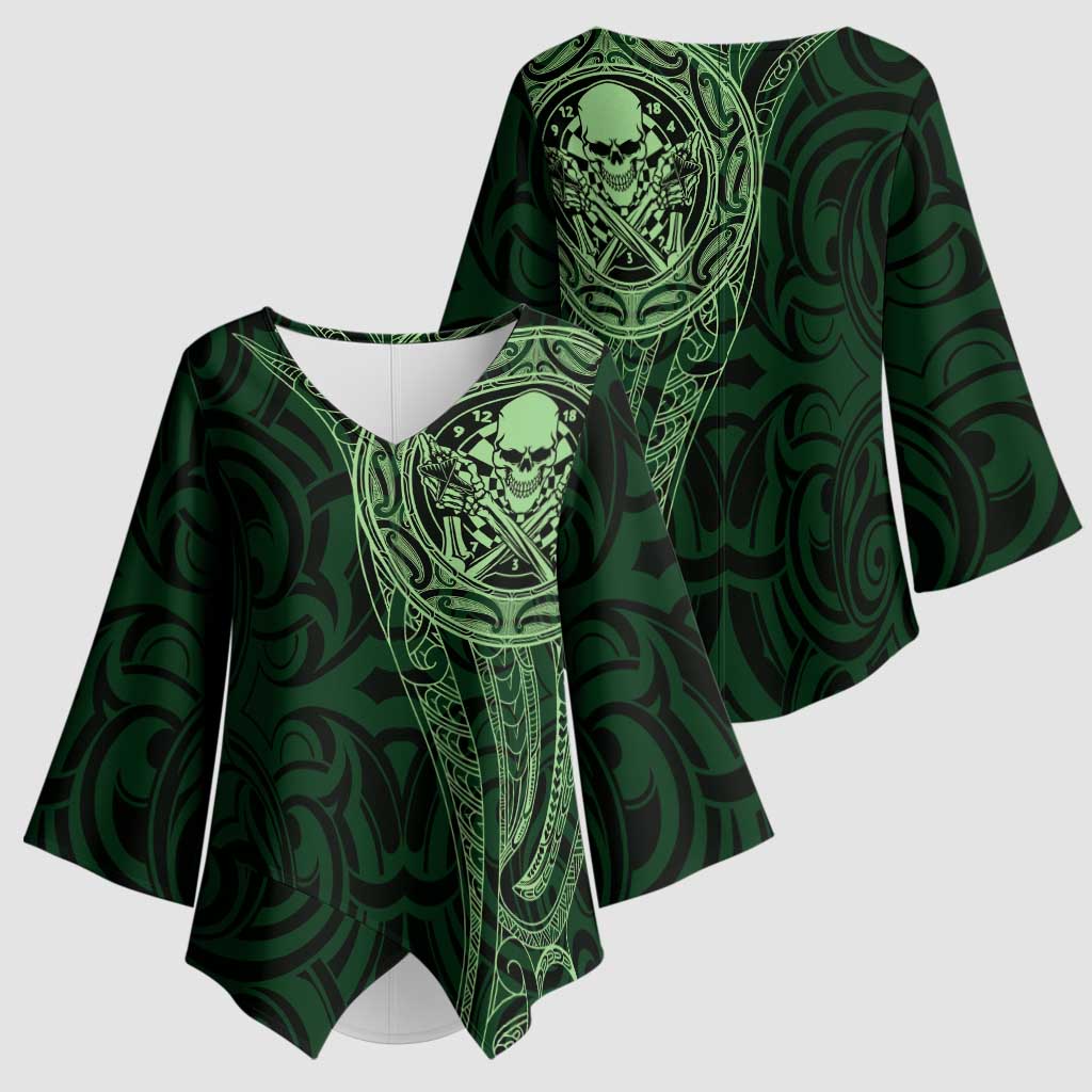 New Zealand Skull Darts Kimono Sleeve Blouse Aotearoa Maori Chest Tattoo Stylized Green LT14 - Polynesian Pride