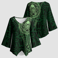 New Zealand Skull Darts Kimono Sleeve Blouse Aotearoa Maori Chest Tattoo Stylized Green LT14 - Polynesian Pride