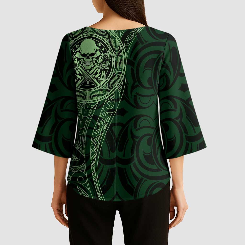 New Zealand Skull Darts Kimono Sleeve Blouse Aotearoa Maori Chest Tattoo Stylized Green LT14 - Polynesian Pride