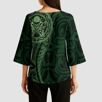 New Zealand Skull Darts Kimono Sleeve Blouse Aotearoa Maori Chest Tattoo Stylized Green LT14 - Polynesian Pride