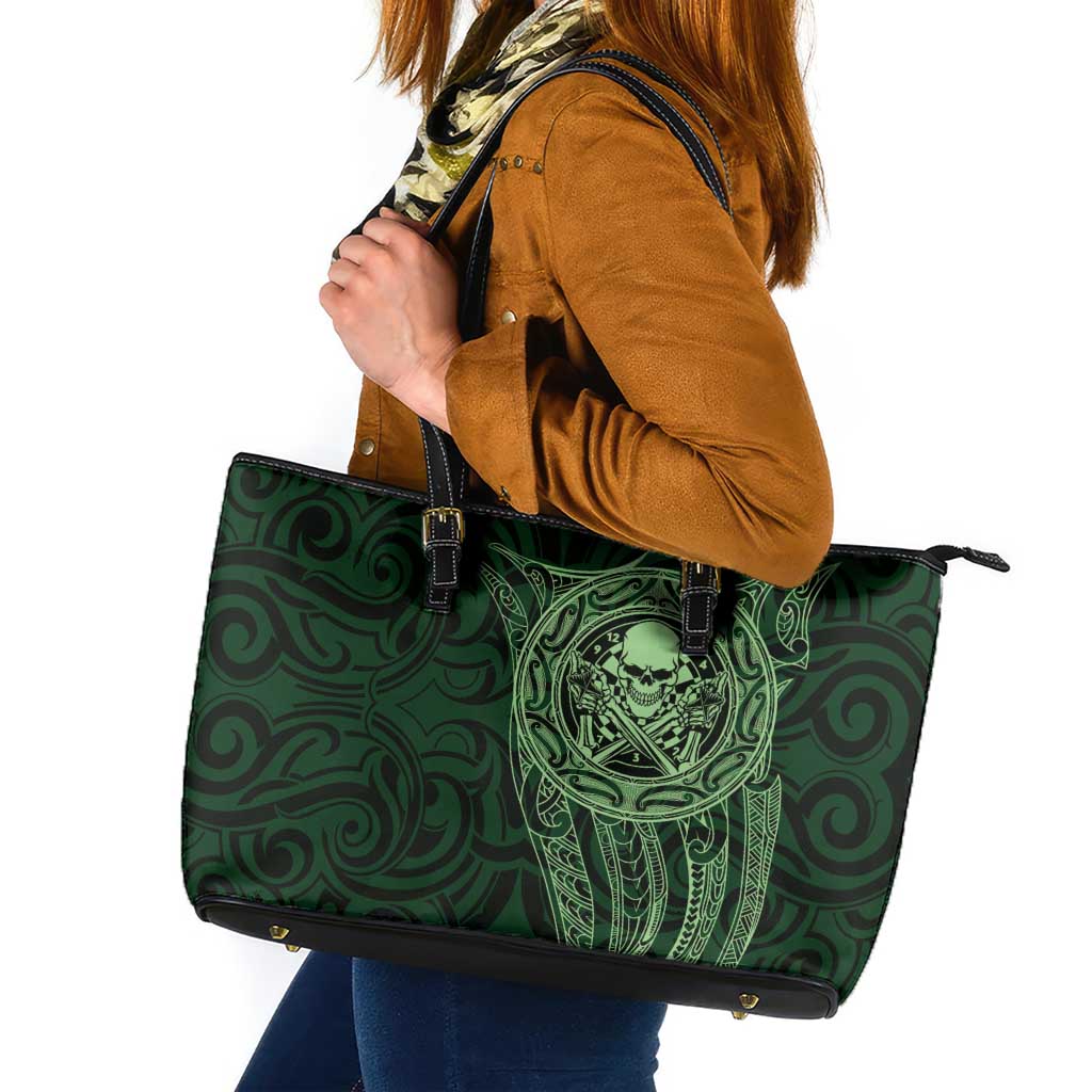 New Zealand Skull Darts Leather Tote Bag Aotearoa Maori Chest Tattoo Stylized Green LT14 Green - Polynesian Pride
