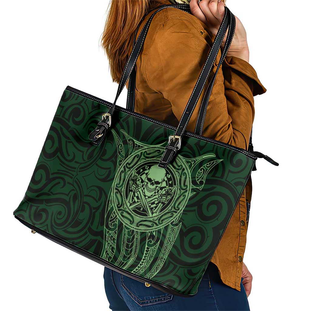 New Zealand Skull Darts Leather Tote Bag Aotearoa Maori Chest Tattoo Stylized Green LT14 - Polynesian Pride