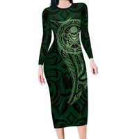 New Zealand Skull Darts Long Sleeve Bodycon Dress Aotearoa Maori Chest Tattoo Stylized Green LT14 Long Dress Green - Polynesian Pride
