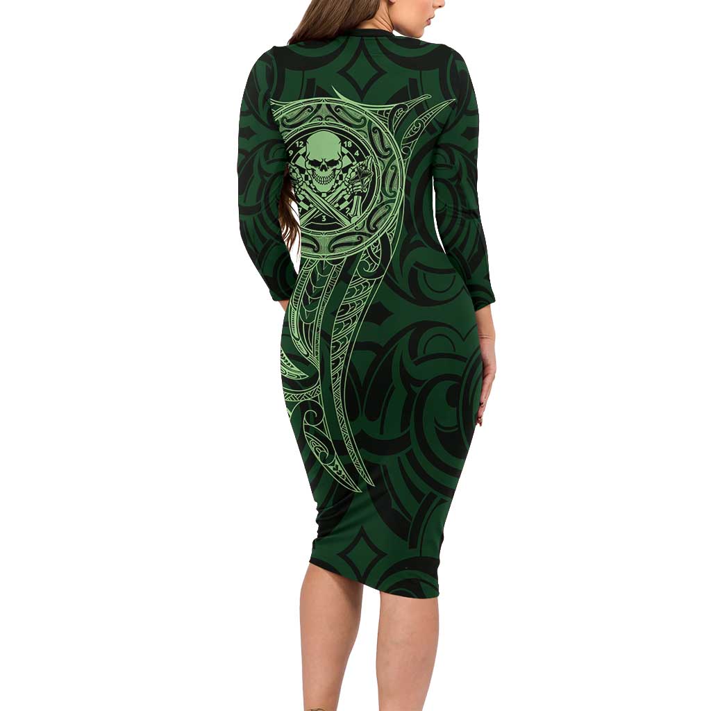 New Zealand Skull Darts Long Sleeve Bodycon Dress Aotearoa Maori Chest Tattoo Stylized Green LT14 - Polynesian Pride